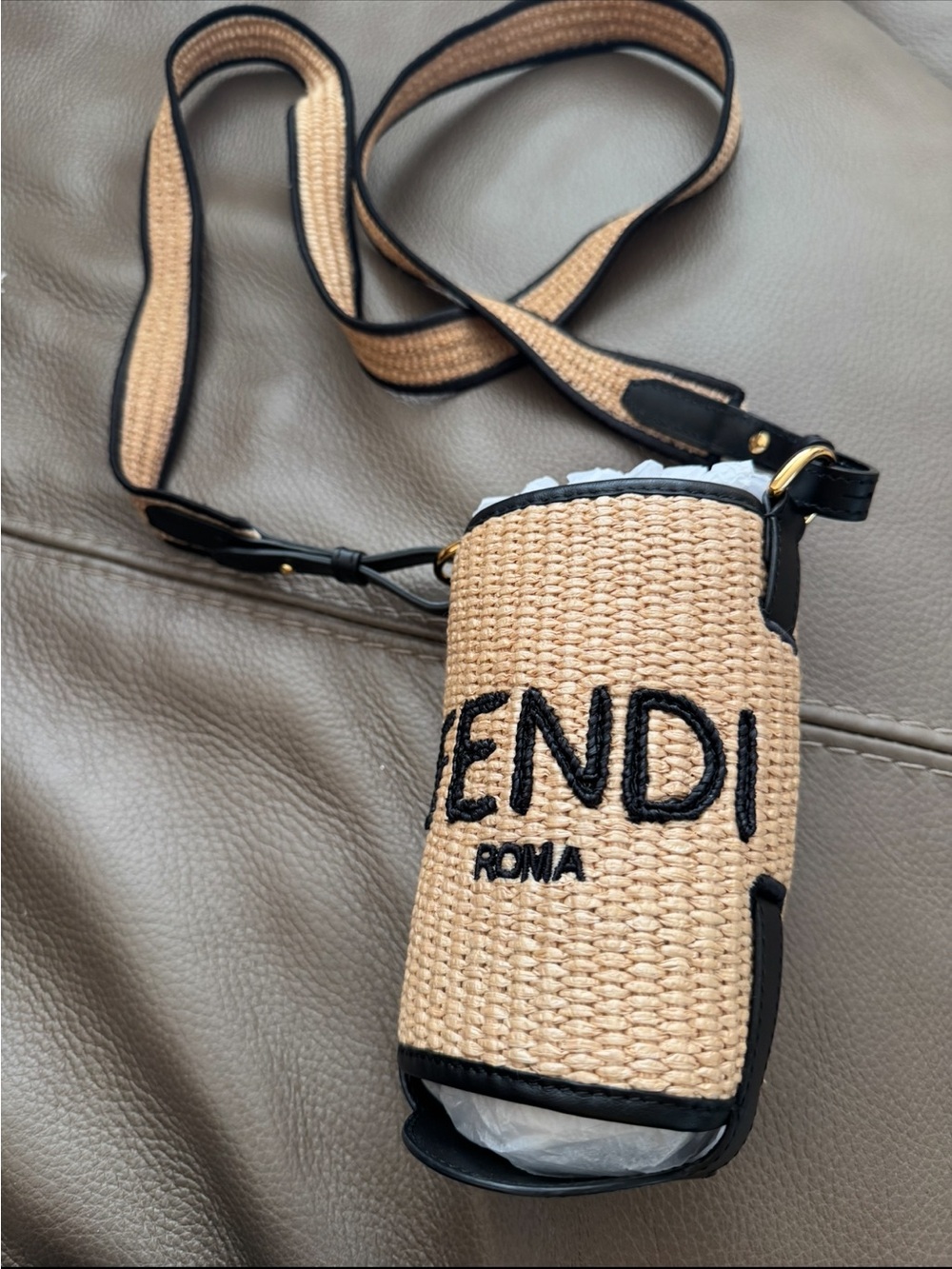 Fendi Roma Beige Raffia Crossbody Bottle Holder